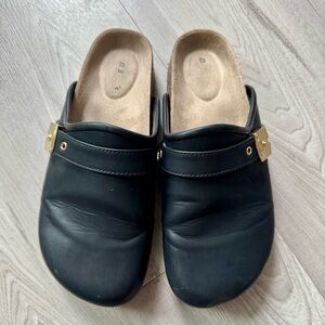 Dr. Scholl’s Black Leather Clogs with Gold Buckle